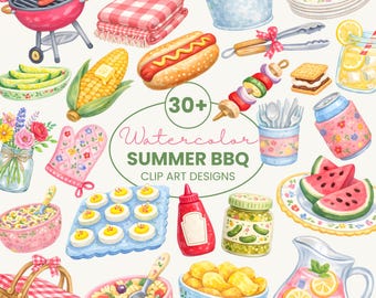 Watercolor Summer BBQ Clip Art | Picnic Cookout Graphics (Digital Download)