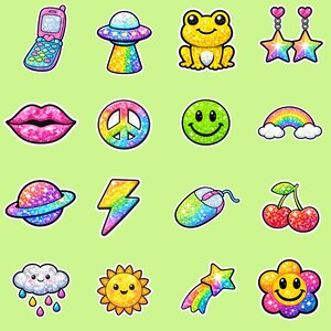 K&ouml;nnte beinhalten: Eine Sammlung farbenfroher Glitzeraufkleber auf hellgr&uuml;nem Hintergrund. Die Aufkleber zeigen ein pinkfarbenes Klapphandy, eine regenbogenfarbene fliegende Untertasse, einen gelben Frosch, Sternohrringe, rosa Lippen, ein Friedenszeichen, einen Smiley, einen Regenbogen, einen Planeten, einen Blitz, eine Computermaus, Kirschen, eine Wolke, eine Sonne, einen Sternschnuppe und eine Blume.