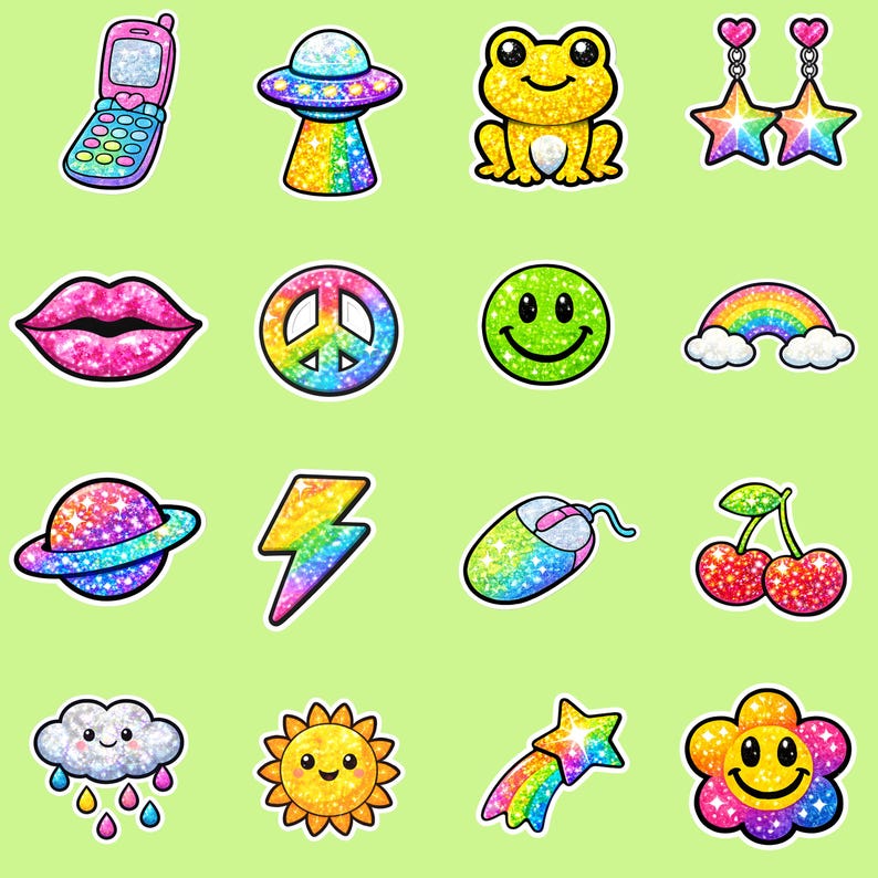 K&ouml;nnte beinhalten: Eine Sammlung farbenfroher Glitzeraufkleber auf hellgr&uuml;nem Hintergrund. Die Aufkleber zeigen ein pinkfarbenes Klapphandy, eine regenbogenfarbene fliegende Untertasse, einen gelben Frosch, Sternohrringe, rosa Lippen, ein Friedenszeichen, einen Smiley, einen Regenbogen, einen Planeten, einen Blitz, eine Computermaus, Kirschen, eine Wolke, eine Sonne, einen Sternschnuppe und eine Blume.