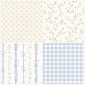 Puede incluir: Un collage de cuatro patrones de papel pintado. Arriba a la izquierda: crema con peque&ntilde;os lunares verdes claros espaciados uniformemente. Arriba a la derecha: blanco con enredaderas de flores azules y hojas verdes. Abajo a la izquierda: blanco con cintas azules, lazos rosas y detalles florales. Abajo a la derecha: cuadros vichy azul claro y blanco.