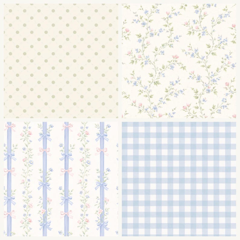 Puede incluir: Un collage de cuatro patrones de papel pintado. Arriba a la izquierda: crema con peque&ntilde;os lunares verdes claros espaciados uniformemente. Arriba a la derecha: blanco con enredaderas de flores azules y hojas verdes. Abajo a la izquierda: blanco con cintas azules, lazos rosas y detalles florales. Abajo a la derecha: cuadros vichy azul claro y blanco.