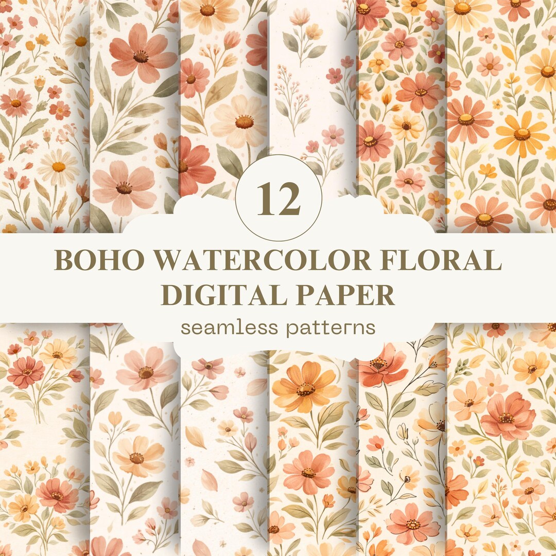 Boho Floral Digital Paper Pack | Watercolor Flower Seamless Patterns ...