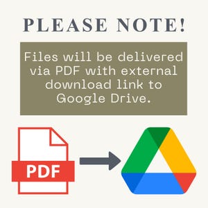 May include: Image with the text "PLEASE NOTE!" and "Files will be delivered via PDF with external download link to Google Drive." A PDF icon with a red bar is connected to the Google Drive logo via an arrow.