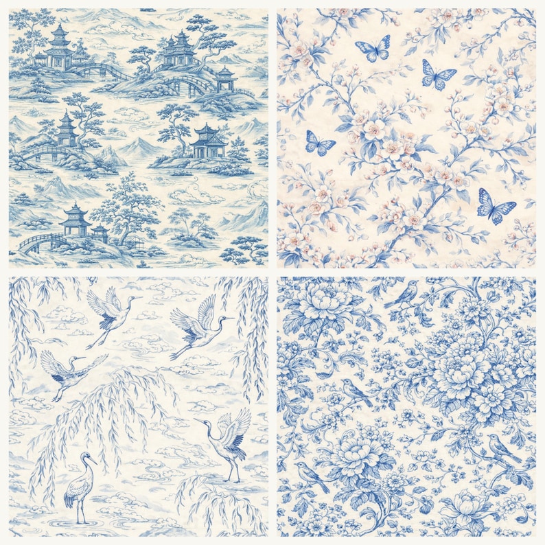 Classic Chinoiserie Digital Paper Pack | Blue Toile Seamless Patterns ...