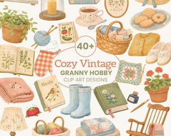 Cozy Vintage Granny Hobby Clip Art Bundle | Cottagecore PNG Designs (Digital Download)