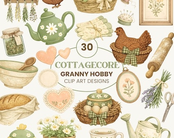 Cottagecore Clip Art Bundle | Watercolor Granny Hobby Kitchen Garden Designs (30 PNG)