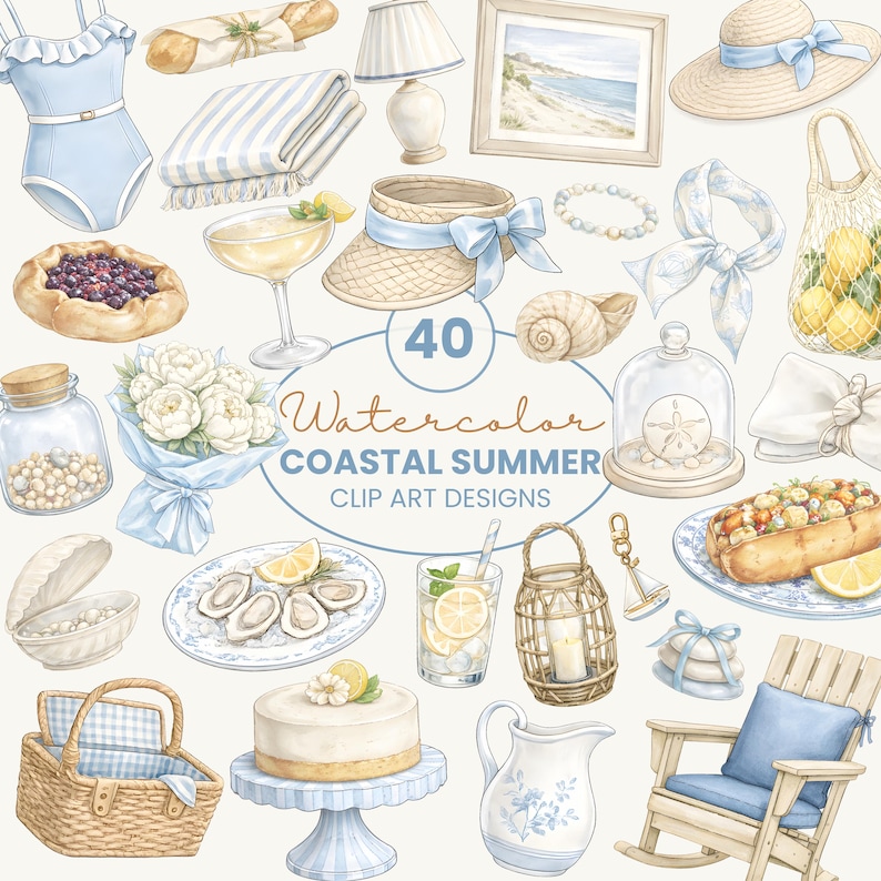 Watercolor Coastal Summer Clip Art Bundle | Grandmillennial Beach ...