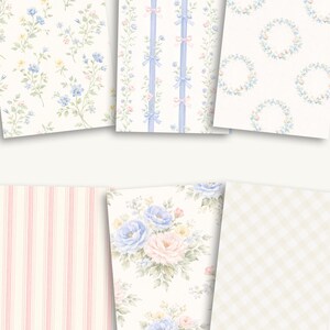Puede incluir: Una colecci&oacute;n de papeles estampados con dise&ntilde;os florales, de lazos y a rayas en suaves colores pastel. Los dise&ntilde;os incluyen flores azules y rosas, lazos azules y rayas rosas y blancas, perfectos para scrapbooking o manualidades.