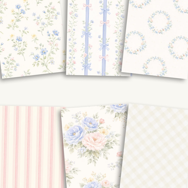 Puede incluir: Una colecci&oacute;n de papeles estampados con dise&ntilde;os florales, de lazos y a rayas en suaves colores pastel. Los dise&ntilde;os incluyen flores azules y rosas, lazos azules y rayas rosas y blancas, perfectos para scrapbooking o manualidades.
