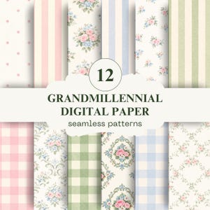Può includere: Una collezione di 12 design di carta digitale con motivi floreali, a righe, a pois e a quadri. Le carte presentano colori pastello tenui, tra cui rosa, blu e verde. Il testo recita "GRANDMILLENNIAL DIGITAL PAPER seamless patterns".