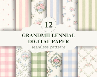 Paquete de papeles digitales Grandmillennial / Estampados florales de cuadros vichy sin costuras / Fondos vintage cottagecore / Papeles para scrapbooking JPG