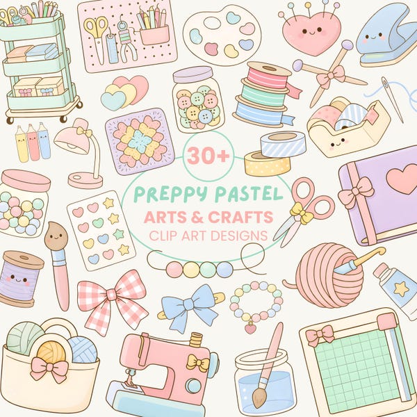Lot de clip art art et artisanat pastel preppy | Fournitures créatives kawaii PNG | Feuille d'autocollants pour sublimation