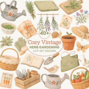 Op de afbeelding: Collectie aquarel clip art met tuingereedschap en kruiden. Inclusief gieters, manden, handschoenen, een troffel en diverse kruiden. De tekst luidt "Cozy Vintage Herb Gardening Clip Art Designs".