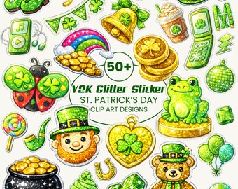 St Patrick’s Day Clip Art Bundle | Y2K Stickers | Shamrock Leprechaun Green Clipart