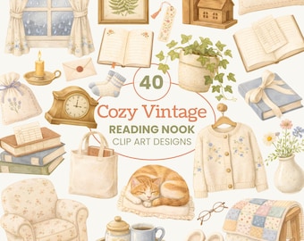Cozy Reading Nook Clip Art Bundle | Vintage Books, Cat, Tea, Cottagecore Designs (Digital Download)