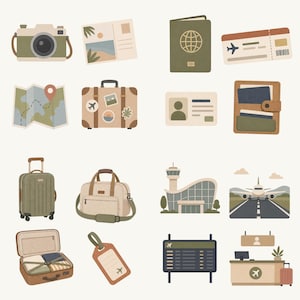 May include: A collection of travel-themed illustrations. Includes a camera, postcard, passport, boarding pass, map, suitcase, ID card, wallet, carry-on luggage, duffel bag, airport, airplane, open suitcase, and luggage tag.