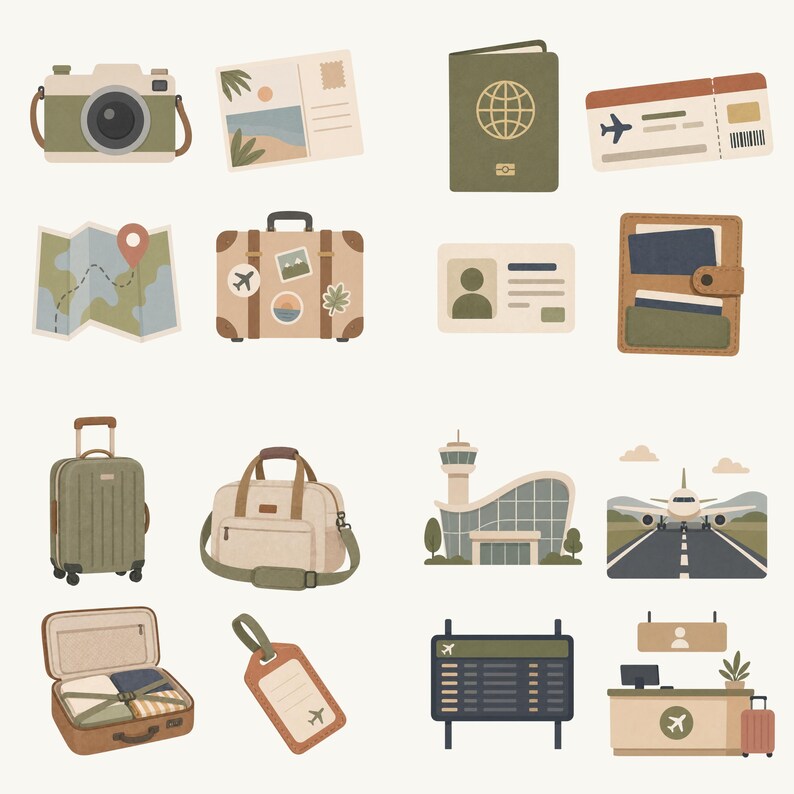 May include: A collection of travel-themed illustrations. Includes a camera, postcard, passport, boarding pass, map, suitcase, ID card, wallet, carry-on luggage, duffel bag, airport, airplane, open suitcase, and luggage tag.