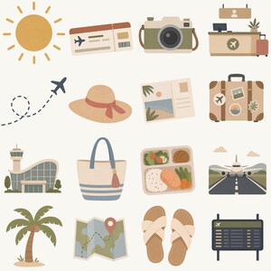 May include: A collection of travel-themed illustrations, including a sun, airplane ticket, camera, airport check-in, airplane, hat, postcard, suitcase, airport, tote bag, meal, runway, palm tree, map, sandals, and flight information board.