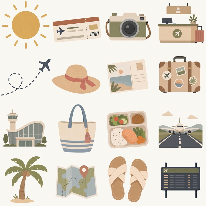 May include: A collection of travel-themed illustrations, including a sun, airplane ticket, camera, airport check-in, airplane, hat, postcard, suitcase, airport, tote bag, meal, runway, palm tree, map, sandals, and flight information board.