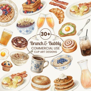 May include: A watercolour illustration featuring brunch items such as waffles, French toast, eggs Benedict, croissants, and coffee. The image also includes champagne glasses and the text "Brunch & Bubbly".