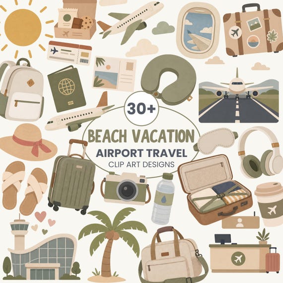 Beach Vacation Airport Travel Clip Art | Summer Travel PNG | Sublimation Sticker Sheet Commercial Use