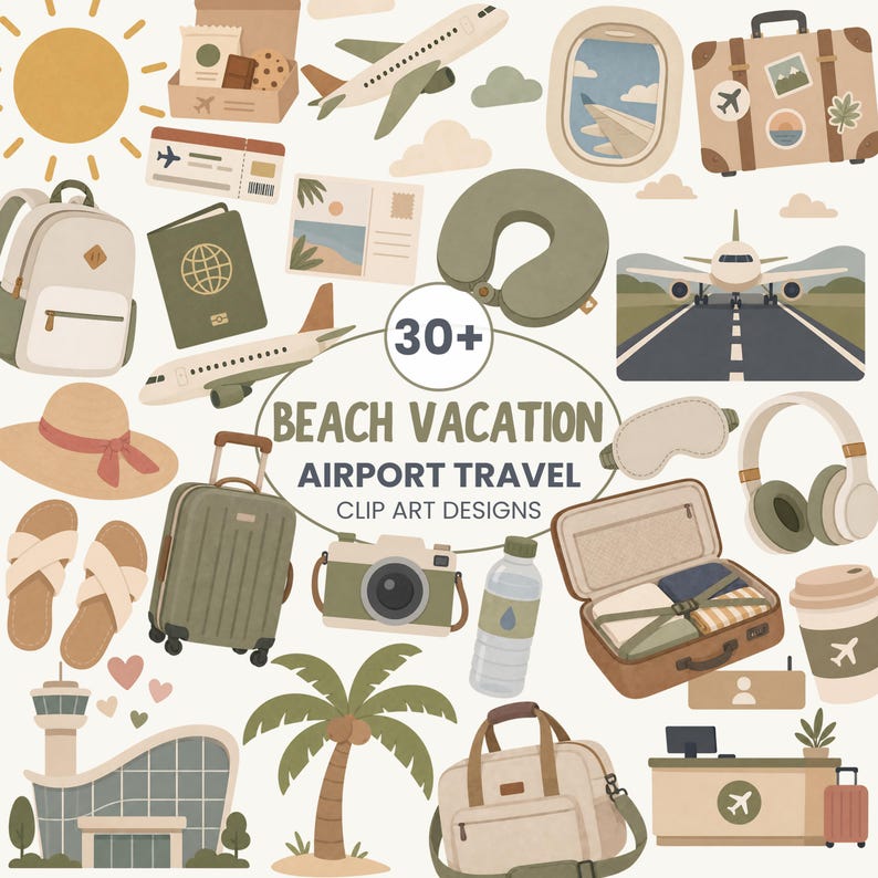 May include: A collection of travel-themed clip art designs. Includes illustrations of a plane, suitcase, passport, backpack, camera, water bottle, coffee cup, and more. Text reads "Beach Vacation Airport Travel Clip Art Designs."