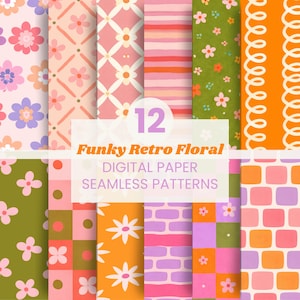 May include: A collection of 12 digital paper seamless patterns with a retro floral theme. The patterns feature various designs, including flowers, stripes, and geometric shapes in shades of pink, orange, green, and purple. The text "Funky Retro Floral" is displayed.