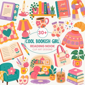 May include: A collection of clip art designs with a reading nook theme. Includes books, a lamp, a mug, a sweater, a tote bag with the text "BOOKS COFFEE PEACE", and other cosy items. The text "COOL BOOKISH GIRL READING NOOK CLIP ART DESIGNS" is also present.