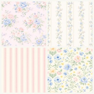 Puede incluir: Un collage de patrones de papel pintado floral. Uno presenta rosas rosas y flores azules sobre un fondo rosa. Otro tiene rayas verticales en rosa y blanco. Los otros dos tienen dise&ntilde;os florales con flores azules, rosas y amarillas.