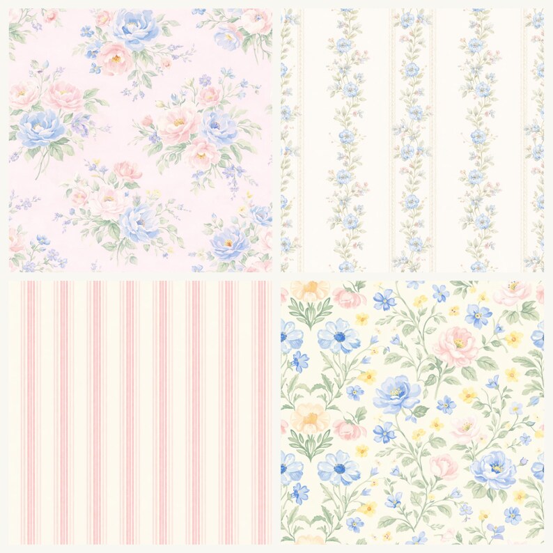 Puede incluir: Un collage de patrones de papel pintado floral. Uno presenta rosas rosas y flores azules sobre un fondo rosa. Otro tiene rayas verticales en rosa y blanco. Los otros dos tienen dise&ntilde;os florales con flores azules, rosas y amarillas.