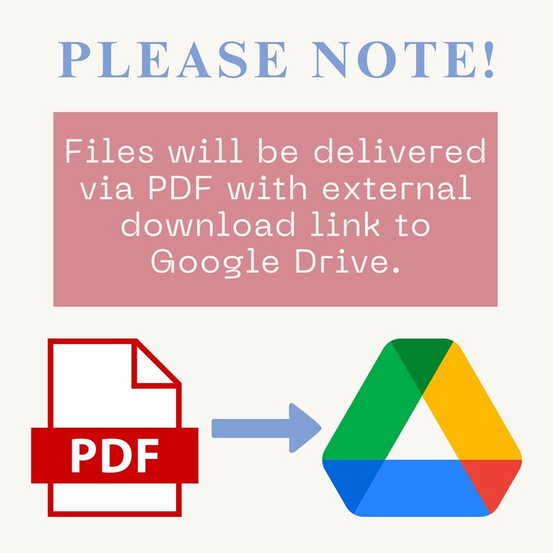 Puede incluir: Imagen con texto: "PLEASE NOTE! Files will be delivered via PDF with external download link to Google Drive." Un icono de documento PDF con una barra roja est&aacute; conectado por una flecha al logotipo de Google Drive.