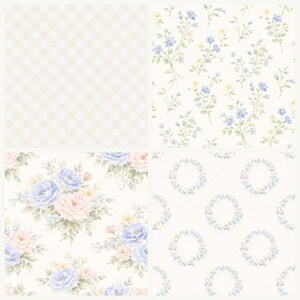 Puede incluir: Un collage de cuatro dise&ntilde;os florales y estampados diferentes. La parte superior izquierda presenta un patr&oacute;n de cuadros verde claro y blanco. La parte superior derecha muestra un patr&oacute;n floral con flores azules y amarillas. La parte inferior izquierda muestra un patr&oacute;n floral con rosas azules y rosas. La parte inferior derecha muestra un patr&oacute;n de coronas florales.