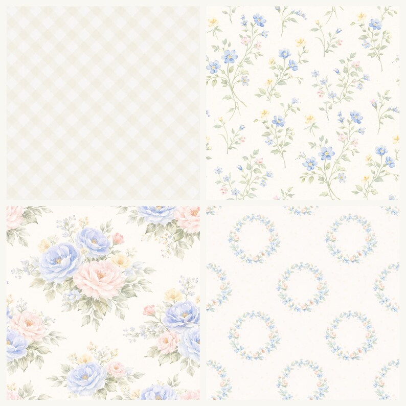 Puede incluir: Un collage de cuatro dise&ntilde;os florales y estampados diferentes. La parte superior izquierda presenta un patr&oacute;n de cuadros verde claro y blanco. La parte superior derecha muestra un patr&oacute;n floral con flores azules y amarillas. La parte inferior izquierda muestra un patr&oacute;n floral con rosas azules y rosas. La parte inferior derecha muestra un patr&oacute;n de coronas florales.