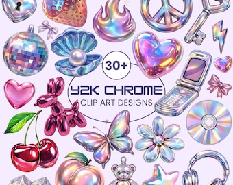 Y2K Chrome Clip Art Bundle | Holographic 2000s Graphics (Digital Download)