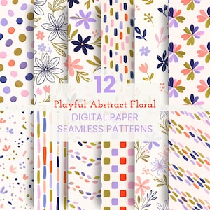 Papel digital floral abstracto y divertido / Paquete de patrones sin costuras / Papel colorido para álbumes de recortes / Fondos modernos