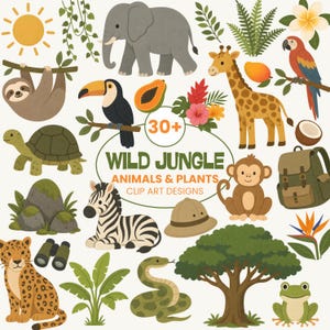 May include: An illustration featuring a variety of jungle animals and plants, such as a sloth, elephant, giraffe, zebra, toucan, and leopard. The image includes a sun, tree, and the text "Wild Jungle Animals & Plants Clip Art Designs."