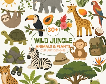Wild Jungle Animals Clip Art | Safari Plants PNG, Elephant, Giraffe, Zebra (Digital Download)