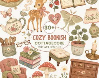 Cozy Bookish Cottagecore Clip Art | Watercolor Vintage Reading Nook, Mushrooms, Teapot, Fawn, Journaling