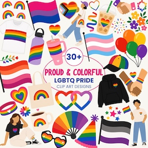 Może przedstawiać: Kolekcja grafik LGBTQ Pride. Zawiera flagi, serca, tęcze, koszulkę, butelkę na wodę, kubek, czapkę z daszkiem, bluzę z kapturem, okulary przeciwsłoneczne, wachlarz i inne kolorowe ilustracje.