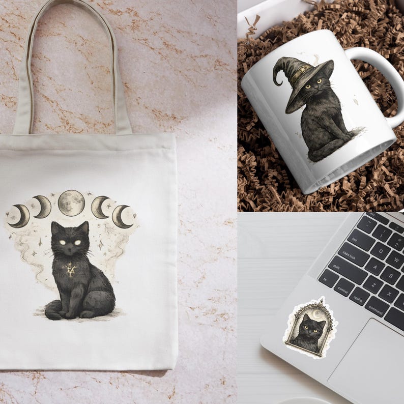May include: A white tote bag, a white mug, and a laptop with a sticker featuring a black cat. The tote bag displays a black cat illustration with moon phases. The mug shows a black cat wearing a witch hat. The sticker has a black cat in a decorative frame.