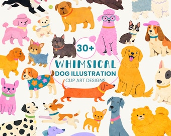 Whimsical Dogs Clip Art | Puppy Illustrations | Colorful Dog Breeds Folk Clipart | Kids Pet PNG