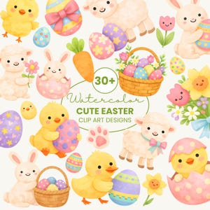Glad påsk clipart-paket | Akvarell vår PNG | Kanin, kyckling, lamm, pastellfärgade ägg clipart