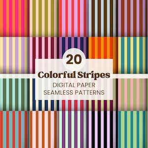 May include: A collection of 20 digital paper seamless patterns with colorful vertical stripes. The stripes vary in width and color, including shades of pink, orange, green, blue, purple, and yellow. The text "Colorful Stripes" is displayed on a white background.