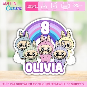 Editable Labubu Digital Cake Topper | Edit in Canva Template | Printable Cake Topper | Instant Download Topper