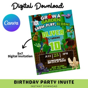 Può includere: Un invito digitale per una festa di compleanno a tema giardino. L'invito presenta il testo "GROW A GARDEN, GROW, PLAY, BLOOM!" e include il nome "OLIVER" e il numero "10". L'invito misura 12,7 x 17,8 cm.