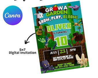 Roblox Grow a Garden Birthday Invitation Canva Editable | Digital 5x7 Party Invite Template | Printable Kids Invitation