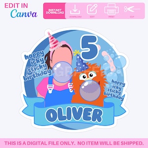 Blue Ms Rachel Digital Cake Topper | Canva Editable Template | Digital Download Birthday Topper | Party Printables | Birthday Cake Topper