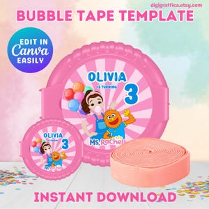 Puede incluir: Plantilla de cinta de burbujas rosa con el texto "BUBBLE TAPE TEMPLATE" e "INSTANT DOWNLOAD". El diseño presenta un dispensador de cinta de burbujas rosa con el nombre "OLIVIA" y el número "3". El diseño también incluye el texto "EDIT IN Canva EASILY".