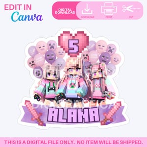 Editable Mine Cake Topper Template for Girls| Canva Digital File | Birthday Party Topper | Printable Cake Decoration | Instant Download