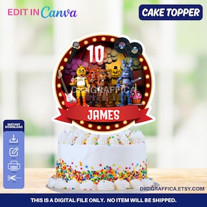May include: A cake topper featuring a colorful design with the text "10 JAMES" and cartoon characters. The topper is placed on a white cake with colorful sprinkles. The words "EDIT IN Canva" and "CAKE TOPPER" are also visible.